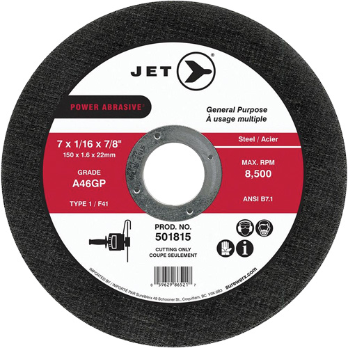 JET 501815 Power Abrasive A46GP  Cut-Off Wheel, 7" x 1/16", 7/8" Arbor, Type 1, 8500 RPM