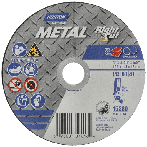Norton 07660701617 Meule &agrave; tronçonner m&eacute;tallique pour coupe &agrave; angle droit RightCut, 4-1/2" x 0,04", Arbre de 7/8", Type 01/41, Oxyde d'aluminium, 13580 Tr/min