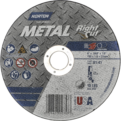 Norton 07660702757 Metal RightCut Right Angle Cut-Off Wheel, 6" x 0.04", 7/8" Arbor, Type 01/41, Aluminum Oxide, 10185 RPM