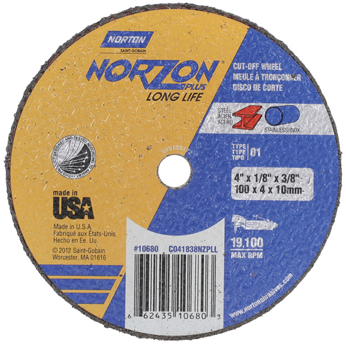 Norton 66243510680 Meule &agrave; tronçonner de petit diam&egrave;tre NorZon Plus SGZ CA, 4" x 1/8", Arbre de 3/8", Type 01/41, C&eacute;ramique d'alumine, 19100 Tr/min