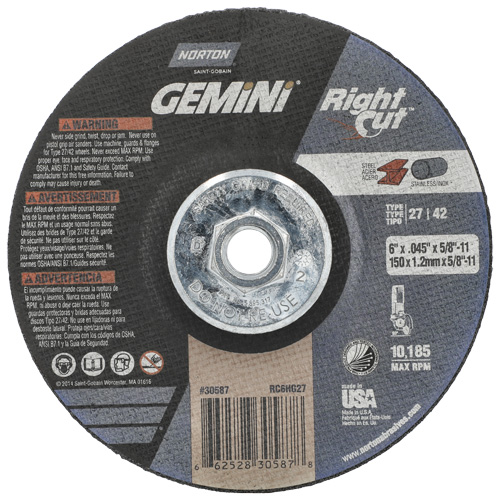 Norton 66252830587 Meule &agrave; tronçonner pour coupe &agrave; angle droit RightCut Gemini, 6" x 0,045", Arbre de 5/8"-11, Type 27/42, Oxyde d'aluminium, 10185 Tr/min
