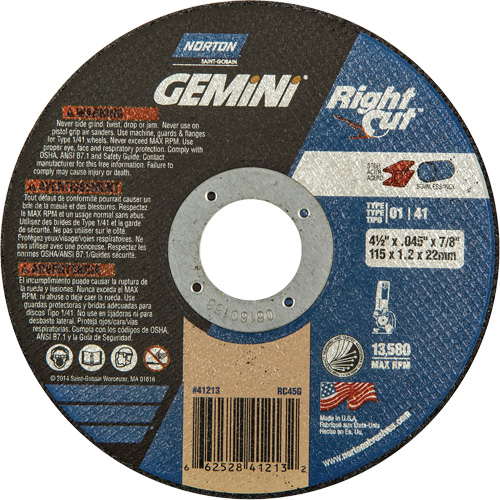 Norton 66252841213 Gemini RightCut Right Angle Cut-Off Wheel, 4-1/2" x 0.045", 7/8" Arbor, Type 01/41, Aluminum Oxide, 13580 RPM