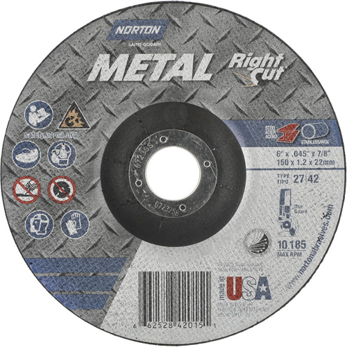 Norton 66252842015 Metal RightCut Right Angle Cut-Off Wheel, 6" x 0.045", 7/8" Arbor, Type 27/42, Aluminum Oxide, 10190 RPM
