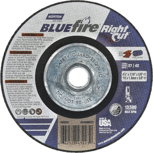 Norton 66252843223 BlueFire RightCut Right Angle Cut-Off Wheel, 4-1/2" x 1/16", 5/8"-11 Arbor, Type 27/42, Aluminum Oxide, 13580 RPM