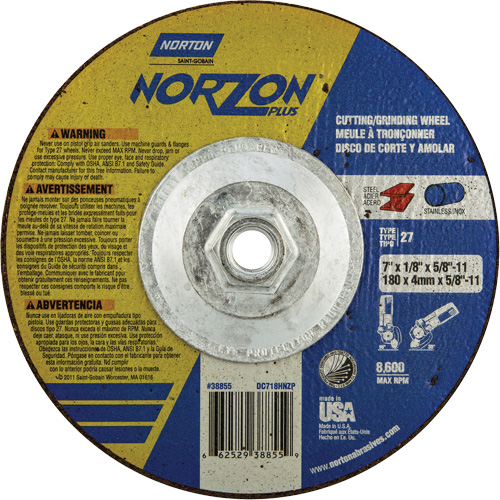 Norton 66252938855 Disque de meulage et tronçonnage NorZon Plus SGZ, 7" x 1/8", Arbre de 5/8"-11, Type 27, C&eacute;ramique d'alumine