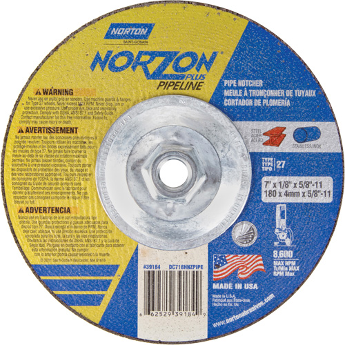 Norton 66252939184 NorZon Plus SGZ Right Angle Cut-Off Wheel, 7" x 1/8", 5/8"-11 Arbor, Type 27/42, Ceramic Alumina, 8600 RPM