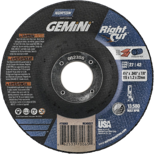 Norton 66253370065 Gemini RightCut Right Angle Cut-Off Wheel, 4-1/2" x 0.045", 7/8" Arbor, Type 27/42, Aluminum Oxide, 13580 RPM