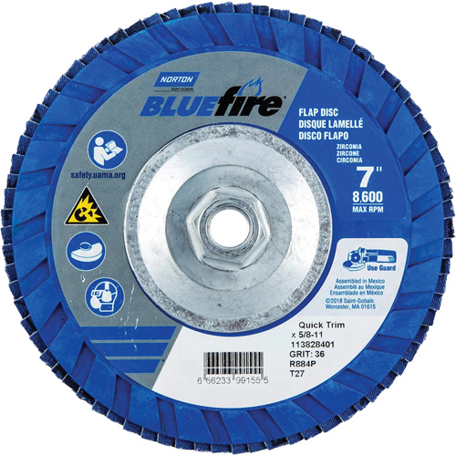 Norton 66623399155 Disque &agrave; lamelles de densit&eacute; standard BlueFire, 7" x 5/8"-11, Type 27, Grain P36, Alumine de zirconium
