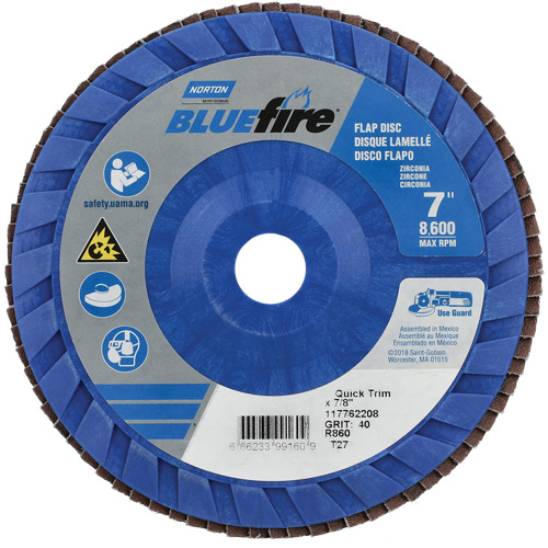 Norton 66623399160 BlueFire Quick Trim Flap Disc, 7" x 7/8", Type 27, 40 Grit, Zirconia Alumina