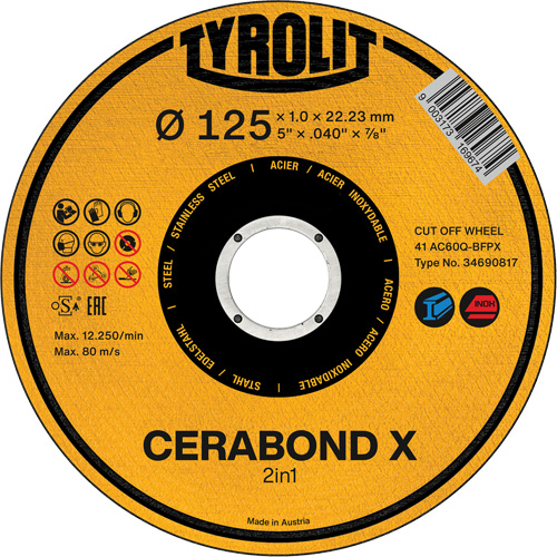 Tyrolit 34690817 Cerabond X Cut-Off Wheel, 5" x 0.04", 7/8" Arbor, Ceramic