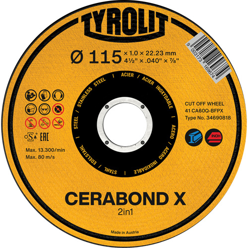 Tyrolit 34690818 CA60Q-BFPX CERABOND X Cut-Off Wheel, 4-1/2" x 0.039", 7/8" Arbor, Type 1