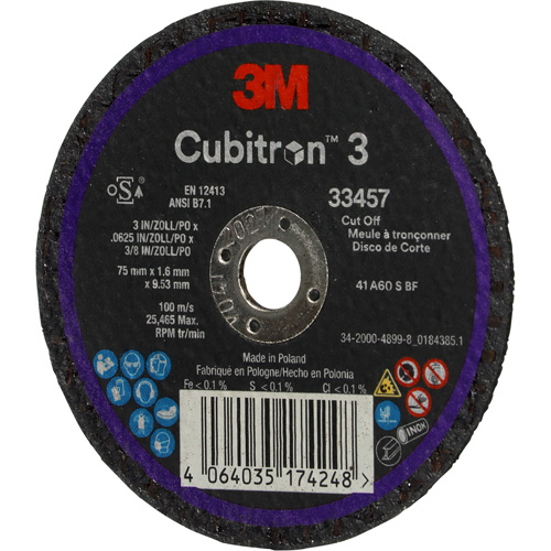 3M BK01AA Meule &agrave; tronçonner Cubitron 3, 3" x 0,063", Arbre de 3/8", C&eacute;ramique