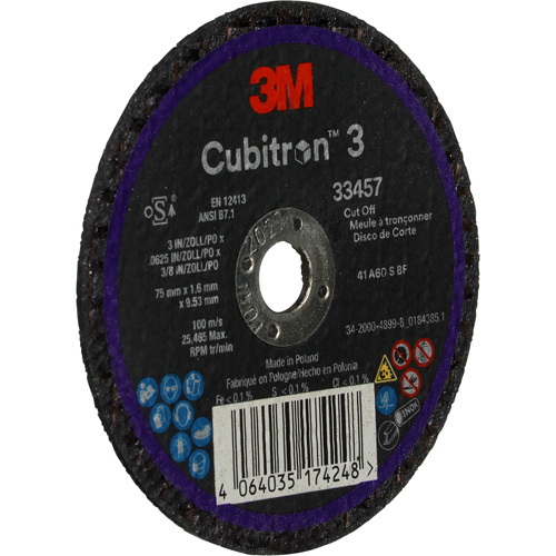 3M BK01AA Meule &agrave; tronçonner Cubitron 3, 3" x 0,063", Arbre de 3/8", C&eacute;ramique