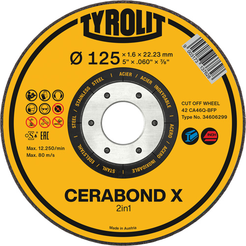 Tyrolit 34735723 CERABOND X Cut-Off Wheel for Steel & Stainless Steel, 5" x 0.45", 7/8" Arbor, Type 1, Ceramic, 12250 RPM