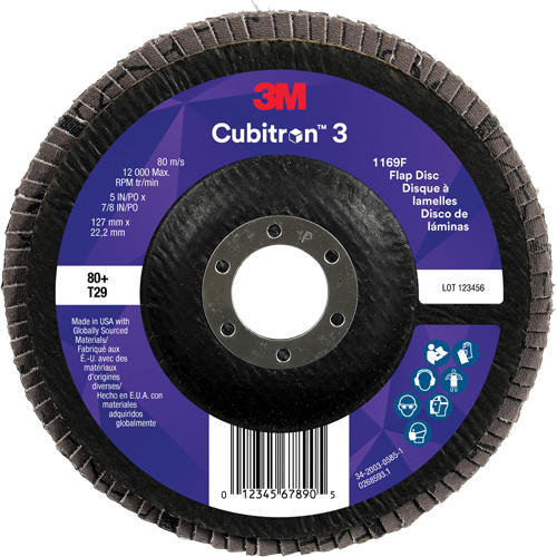 3M 7100380316 Cubitron 3 Conical  Flap Disc 1169F, 5" x 7/8", Type T29, 80+ Grit, Ceramic
