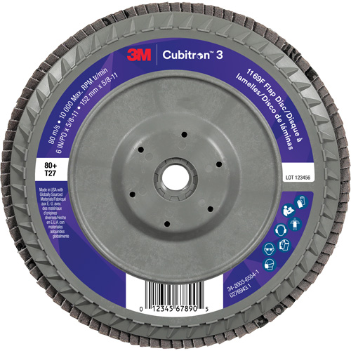 3M 7100380338 Cubitron 3 Flat Flap Disc with Quick Change 1169F, 6" x 5/8"-11, Type T27, 80+ Grit, Ceramic