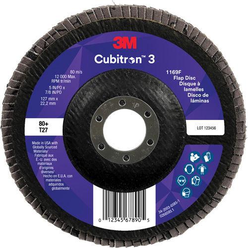 3M 7100380309 Disque &agrave; lamelles plate 1169F Cubitron 3, 5" x 7/8", Type T27, Grain 80+, C&eacute;ramique