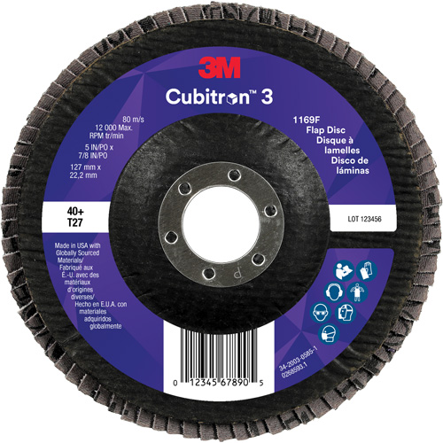 3M 7100380493 Cubitron 3 Flat Flap Disc 1169F, 5" x 7/8", Type T27, 40+ Grit, Ceramic
