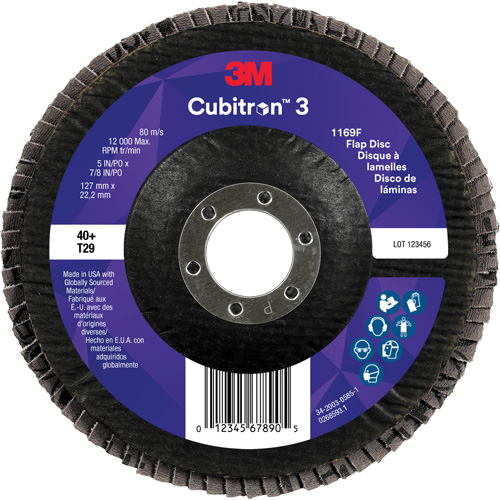 3M 7100380494 Cubitron 3 Conical  Flap Disc 1169F, 5" x 7/8", Type T29, 40+ Grit, Ceramic