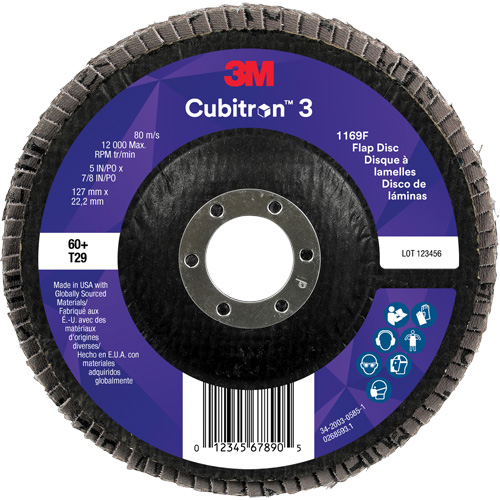 3M 7100380496 Cubitron 3 Conical  Flap Disc 1169F, 5" x 7/8", Type T29, 60+ Grit, Ceramic