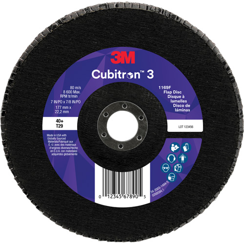 3M 7100380208 Disque &agrave; lamelles conique 1169F Cubitron 3, 7" x 7/8", Type T29, Grain 40+, C&eacute;ramique