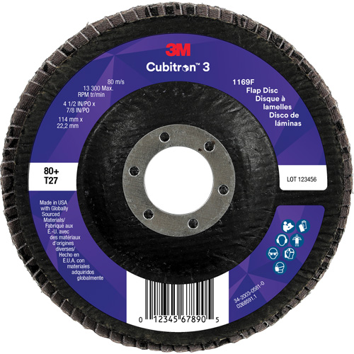 3M 7100380218 Disque &agrave; lamelles plate 1169F Cubitron 3, 4-1/2" x 7/8", Type T27, Grain 80+, C&eacute;ramique