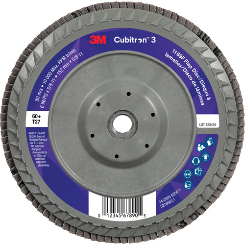 3M 7100380505 Disque &agrave; lamelles plate 1169F Cubitron 3 &agrave; changement rapide, 6" x 5/8"-11, Type T27, Grain 60+, C&eacute;ramique