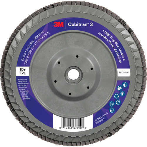 3M 7100380504 Disque &agrave; lamelles plate 1169F Cubitron 3, 7" x 5/8"-11, Type T29, Grain 80+, C&eacute;ramique