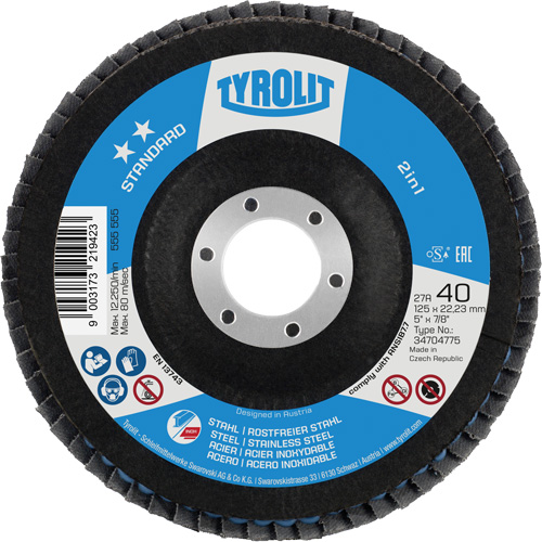 Tyrolit 34704775 ZA 40 - B425 Standard 2-in-1 Flap Disc, 5" x 7/8", Type 27A, 40 Grit, Zirconia Alumina