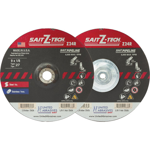 United Abrasives Inc. 22634 Sait Z-Tech Pipeline High Performance Wheel, 7" x 1/8", 5/8"-11 Arbor, Zirconium, Type 27