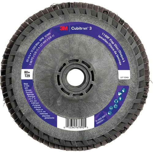 3M 7100412608 Disque &agrave; lamelles Cubitron 3 1169F, 5" x 5/8"-11, Type T29, Grain 80+, C&eacute;ramique