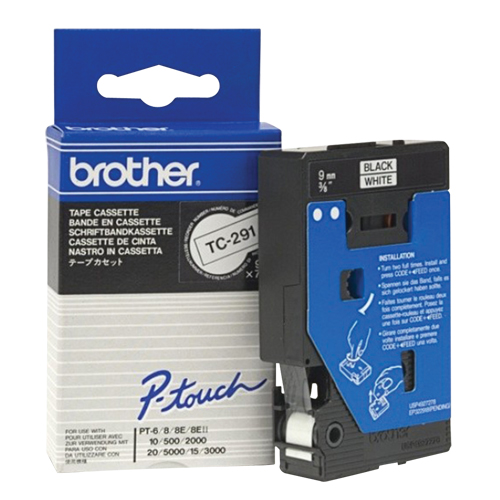 Brother TC291 Laminated Tape for P-touch&reg; Labeling System, 9 mm x 8 m, Black on White