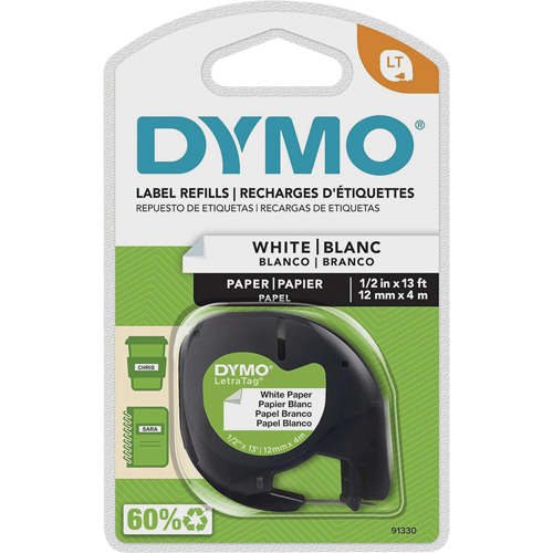 Dymo 91330 Labels for LetraTag Plus LT100-H, 12 mm x 13', Black on White