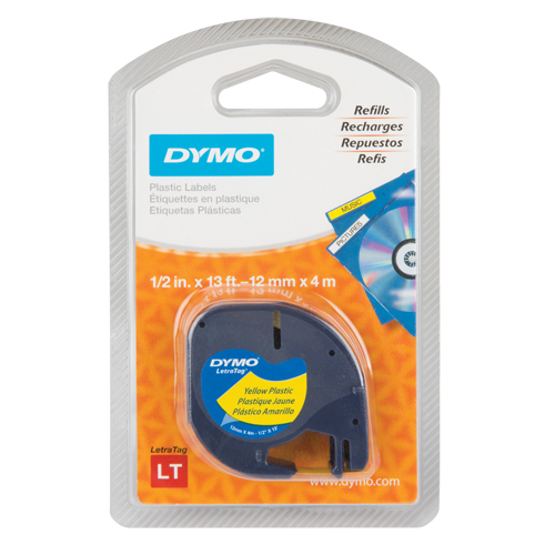 Dymo 91332 Labels for LetraTag Plus LT100-H, 12 mm x 13', Black on Yellow
