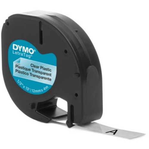 Dymo 16952 Labels for LetraTag Plus LT100-H, 12 mm x 157-12/25", Black on Clear