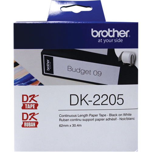 Brother DK2205 Ruban d'&eacute;tiquettes &agrave; longueur continue de s&eacute;rie DK, Papier, Noir sur blanc, Largeur de 2-1/2"