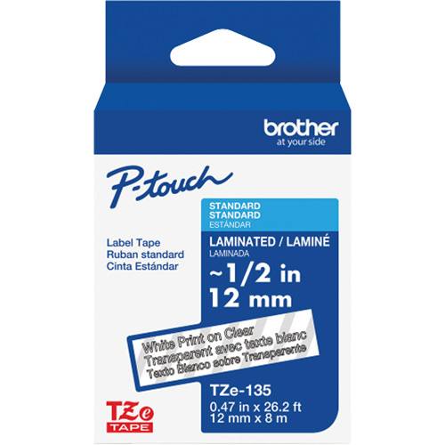 Brother TZE135G Laminated Tape for P-Touch&reg;, 12 mm x 8 m, White on Clear