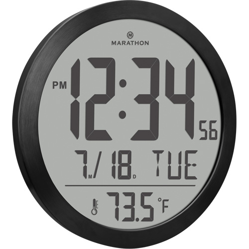 Marathon CL030074-BS-00-NA Round Digital Wall Clock, Digital, Battery Operated, 15" Dia., Black