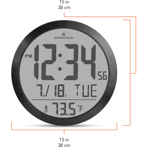 Marathon CL030074-BS-00-NA Round Digital Wall Clock, Digital, Battery Operated, 15" Dia., Black
