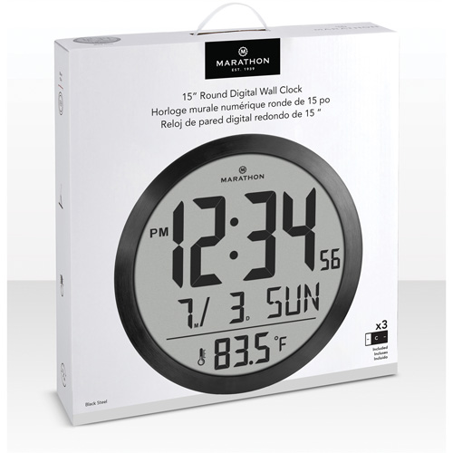 Marathon CL030074-BS-00-NA Round Digital Wall Clock, Digital, Battery Operated, 15" Dia., Black