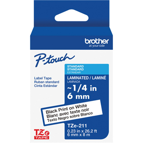 Brother TZE211G Ruban lamin&eacute; TZe-211 pour &eacute;tiqueteuses P-Touch compatibles avec les rubans TZe, Noir sur blanc, Largeur de 0,23"