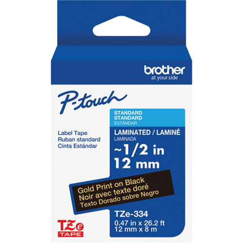 Brother TZE334G Ruban lamin&eacute; TZe-334 pour &eacute;tiqueteuses P-Touch compatibles avec les rubans TZe, Noir sur or, Largeur de 0,47"