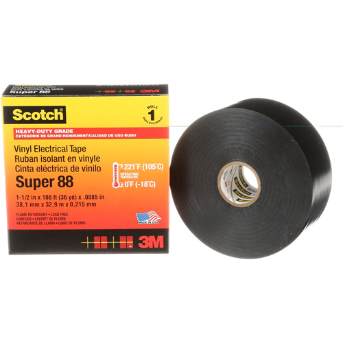 3M SUPER88-1-1/2X36 Ruban isolant en vinyle Super 88 Scotch, 38 mm (1-1/2") x 33 m (108'), Noir, 8,5 mils