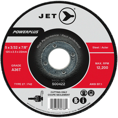JET 500422 POWERPLUS Cut-Off Wheel, 5" x 3/32", 7/8" Arbor, Type 27, 12200 RPM