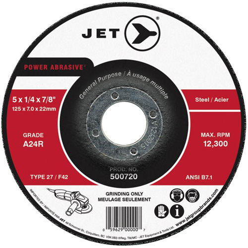 JET 500716 A24R Power Abrasive Grinding Wheel, 4-1/2" x 1/4", 7/8" Arbor, Type 27
