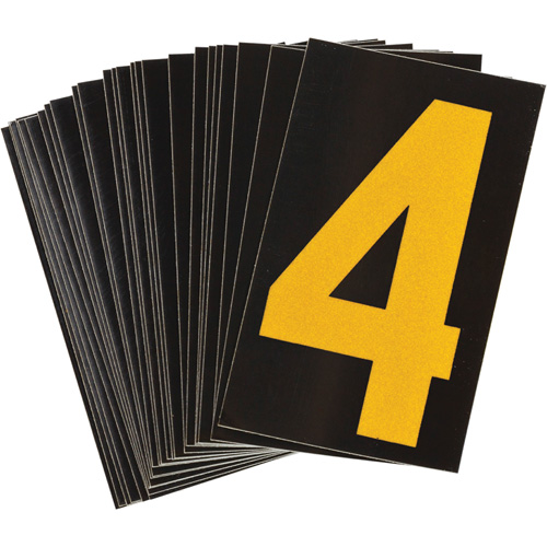 Brady 5890-4 Reflective Individual Number and Letter Labels, 4, 1-1/2" H, Yellow on Black