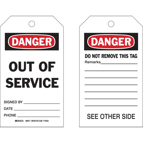 Brady 86517 &eacute;tiquettes  Out Of Service  autoplastifiantes, Polyester, 4" la x 7" h, Anglais