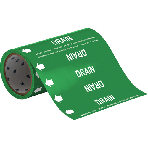 Brady 41460 "Drain" Roll Form Pipe Markers, Self-Adhesive, Cuttable H x 8" W, White on Green