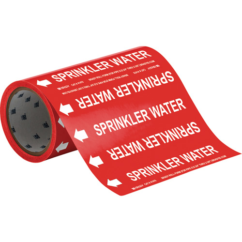Brady 41476 "Sprinkler Water" Roll Form Pipe Markers, Self-Adhesive, Cuttable H x 8" W, White on Red