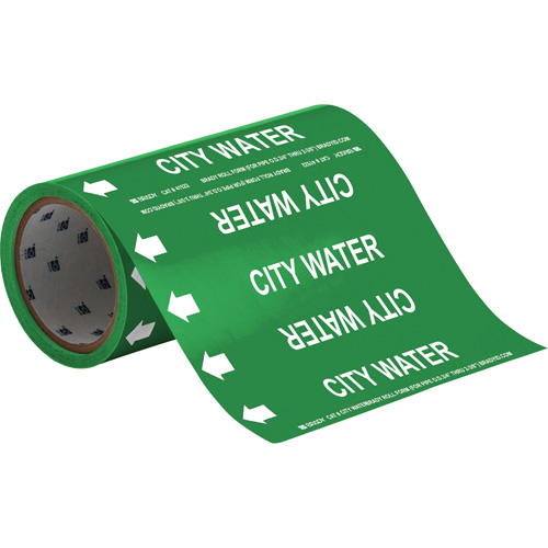 Brady 41522 "City Water" Roll Form Pipe Markers, Self-Adhesive, Cuttable H x 8" W, White on Green